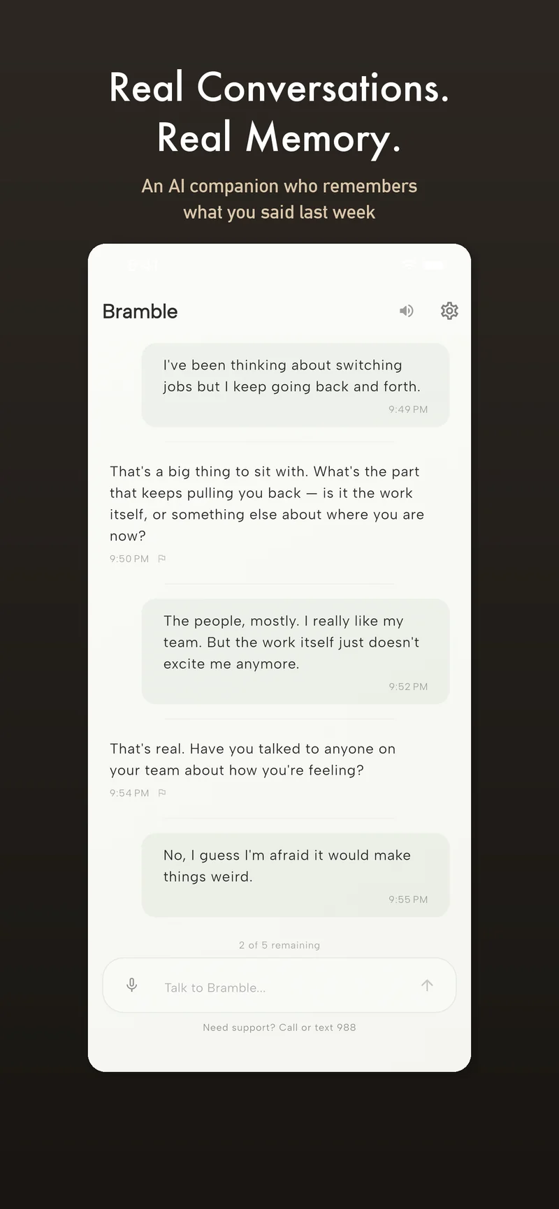 Bramble chat screen showing a real conversation about switching jobs with thoughtful follow-up questions