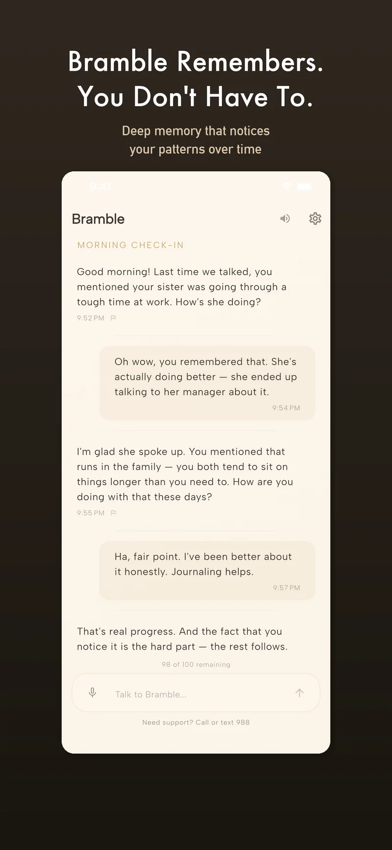 Bramble remembering details from previous conversations and following up on your sister