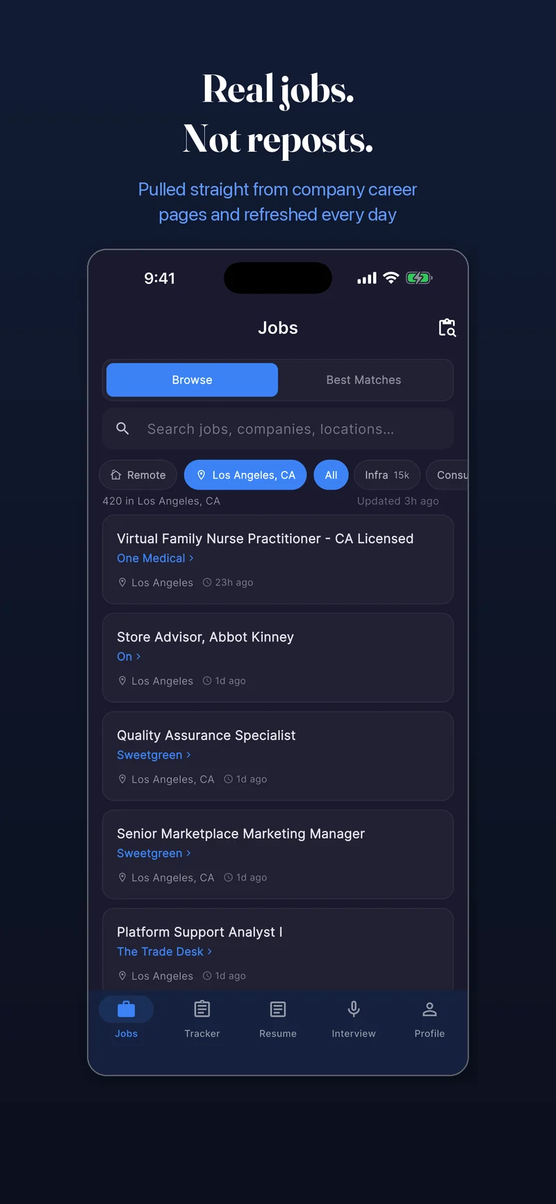 Dossier jobs board listing real current openings pulled from company career pages, ranked against your resume