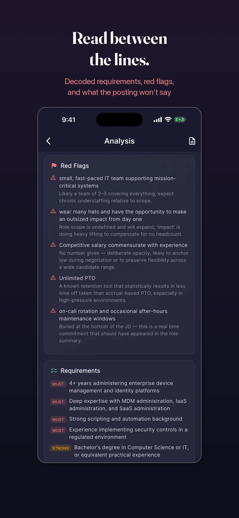 Dossier job description analysis showing a resume match score, must-have requirements and hidden red flags