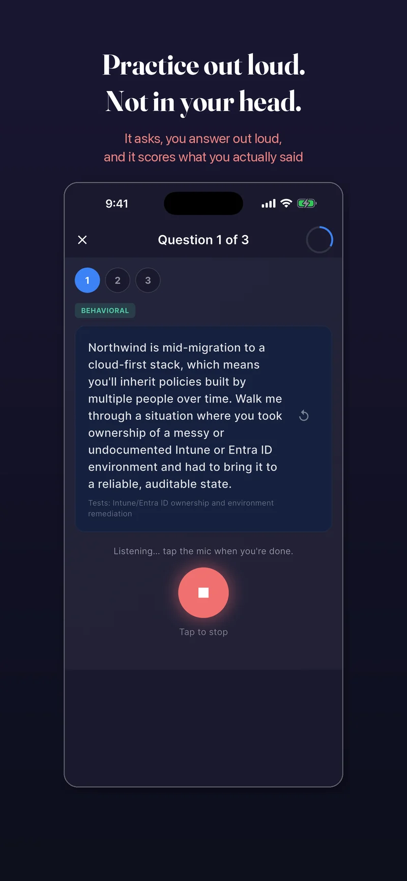Dossier live interview practice — a behavioral question about taking ownership of a messy environment, with the microphone recording a spoken answer
