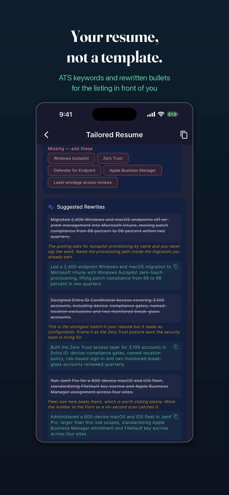Dossier resume tailoring showing original bullet points rewritten for a specific job with ATS keywords added