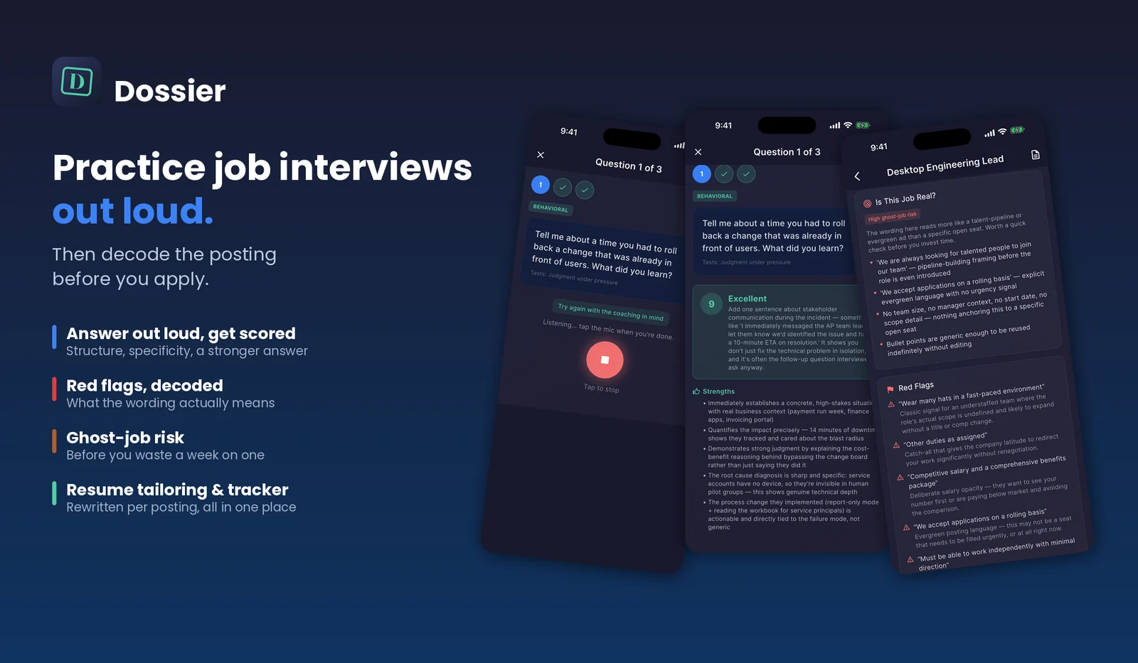 Dossier on iPhone: a live voice interview practice session, a scored answer review, and a ghost-job risk analysis of a job listing